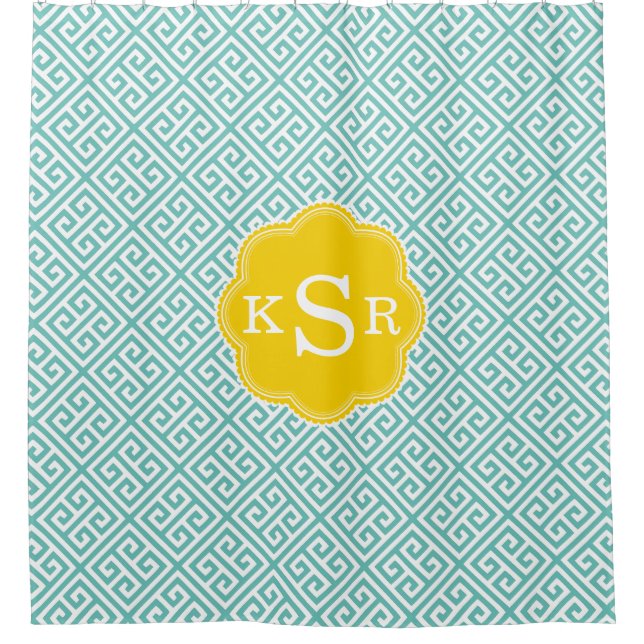 Preppy Girly | Aqua & Yellow Greek Key Custom Shower Curtain (Front)