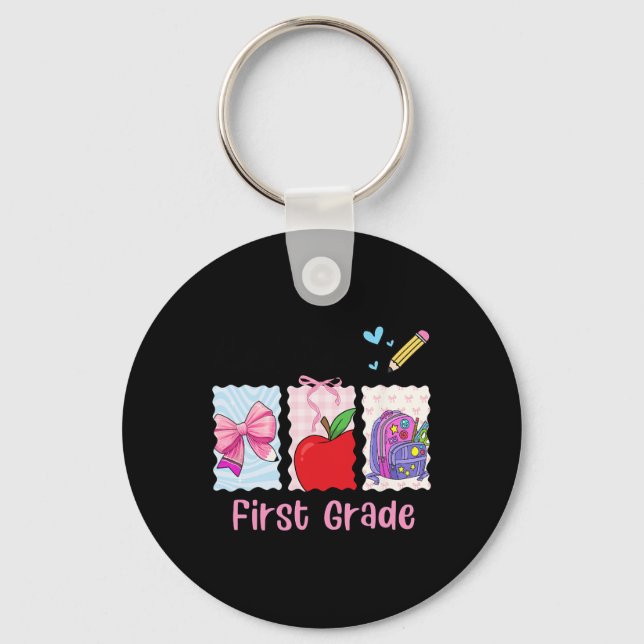 Preppy Girly Back To School Hello First Grade Teac Key Ring (Front)