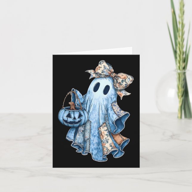Preppy Girly Coquette Bow Patchwork Ghost Fall Hal Card (Front)