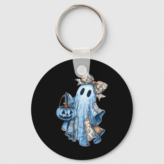 Preppy Girly Coquette Bow Patchwork Ghost Fall Hal Key Ring (Front)