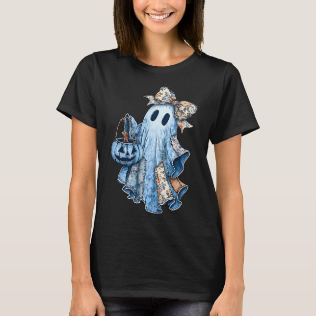 Preppy Girly Coquette Bow Patchwork Ghost Fall Hal T-Shirt (Front)