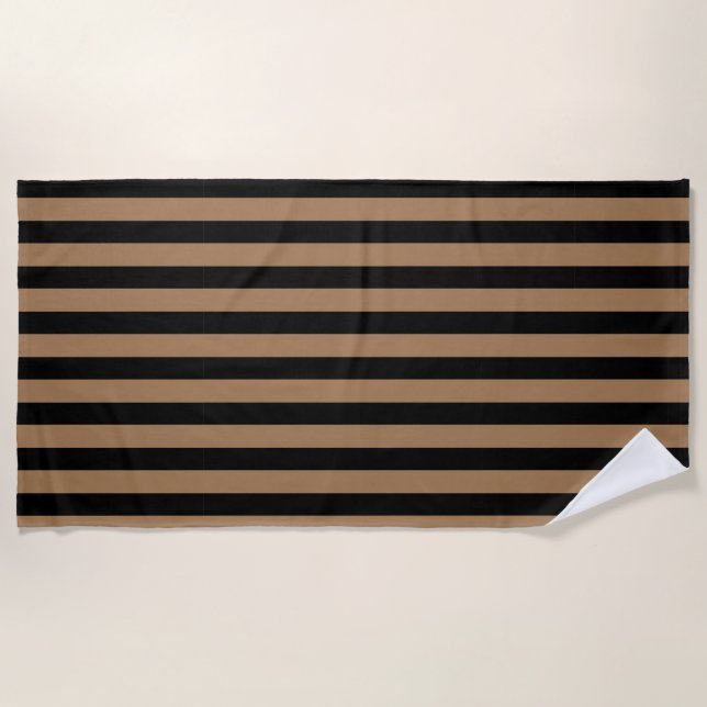  Preppy Gold and Black Stripes Geometric Pattern Beach Towel (Front)
