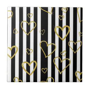 Preppy Gold Hearts Stripe Pattern Ceramic Tile