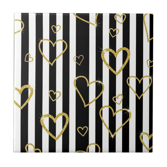 Preppy Gold Hearts Stripe Pattern Ceramic Tile (Front)