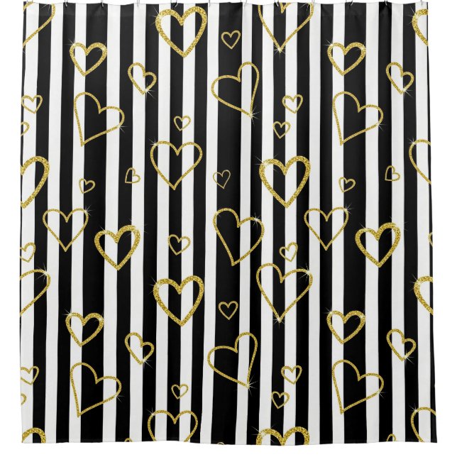 Preppy Gold Hearts Stripe Pattern Shower Curtain (Front)