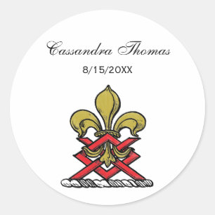 Preppy Gold Red Heraldic Crest Fleur de Lis Emblem Classic Round Sticker