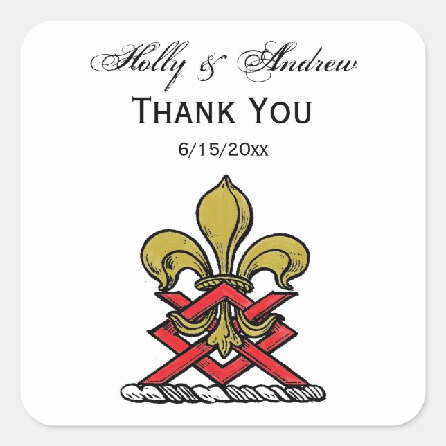 Preppy Gold Red Heraldic Crest Fleur de Lis Emblem Square Sticker (Front)