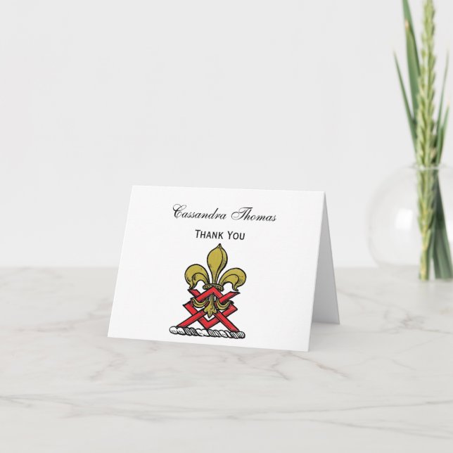 Preppy Gold Red Heraldic Crest Fleur de Lis Emblem Thank You Card (Front)
