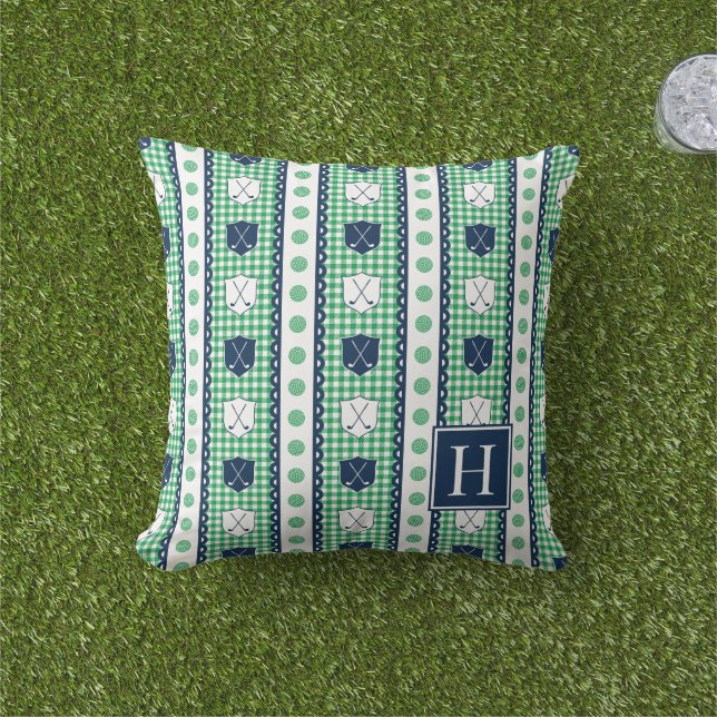 Preppy Golf Crest Gingham - Green & Navy Cushion (Grass)