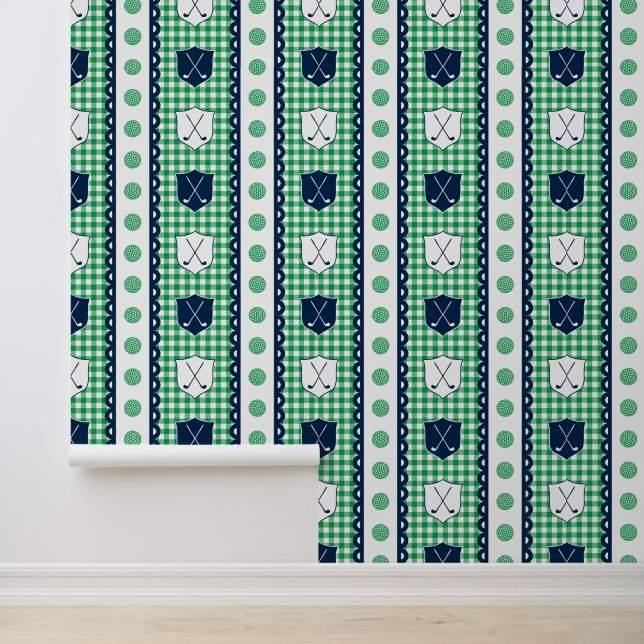 Preppy Golf Crest Gingham in Green & Navy Wallpaper (Application)