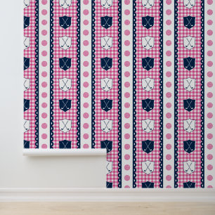Preppy Golf Crest Gingham in Hot Pink & Navy Wallpaper