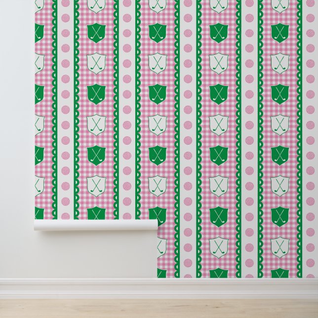 Preppy Golf Crest Gingham in Pink & Green Wallpaper (Application)