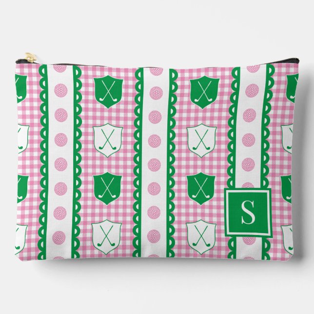 Preppy Golf Crest Gingham - Pink & Green Accessory Pouch (Front)