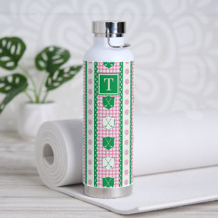 Preppy Golf Crest Gingham - Pink & Green Water Bottle