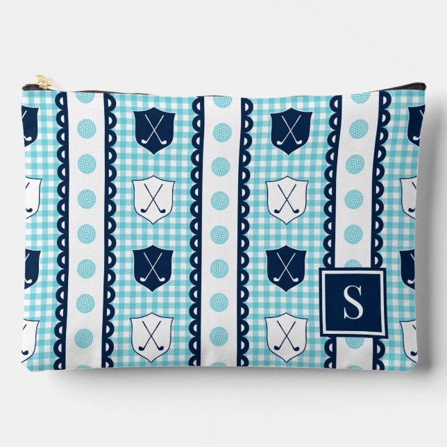 Preppy Golf Crest Gingham -Turquoise & Navy Accessory Pouch (Front)