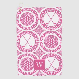 Preppy Golf Damask - Balls & Clubs in Hot Pink Towel