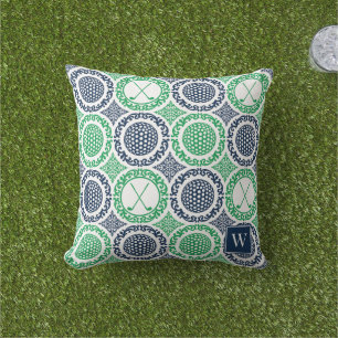 Preppy Golf Damask - Balls & Clubs in Navy & Green Cushion