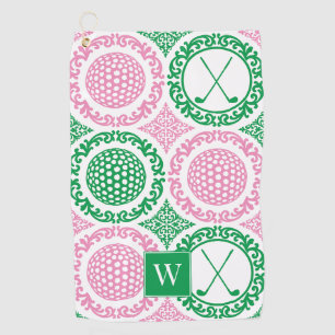 Preppy Golf Damask - Balls & Clubs in Pink & Green Towel