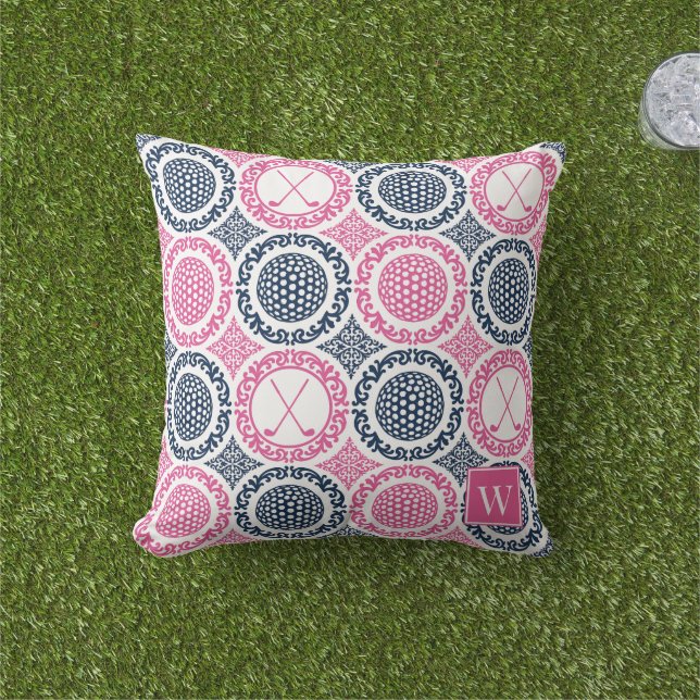 Preppy Golf Damask - Balls & Clubs Navy & Hot Pink Cushion (Grass)