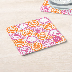 Preppy Golf Damask - Balls & Clubs - Orange & Pink Square Paper Coaster