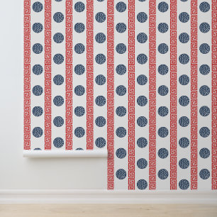Preppy Golf Greek Key Stripe in Navy & Red Wallpaper