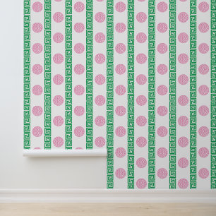 Preppy Golf Greek Key Stripe in Pink & Green Wallpaper