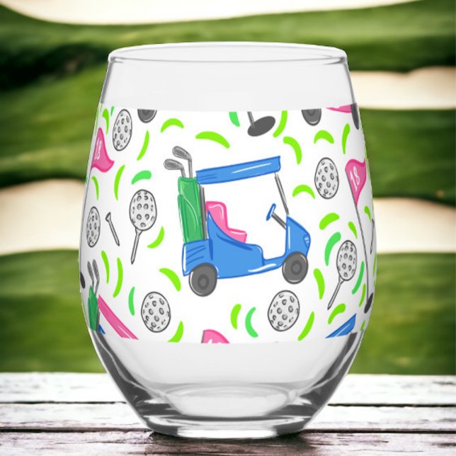 Preppy Golf Pink Blue Golf Cart Pattern Stemless Wine Glass (Creator Uploaded)