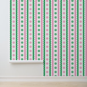 Preppy Golf Scallop Stripe in Pink & Green Wallpaper