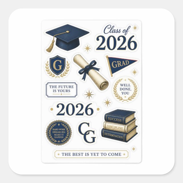 Preppy Graduation Sticker Sheet /Navy & Gold (Front)