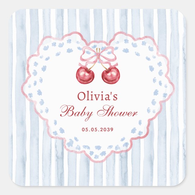 Preppy Grandmillenial Cherry on Top Baby Shower Square Sticker (Front)