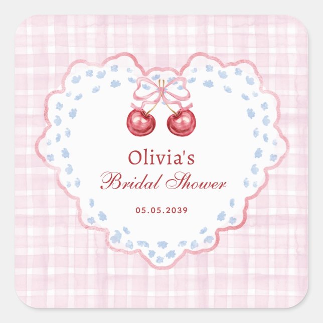 Preppy Grandmillenial Cherry on Top Bridal Shower Square Sticker (Front)