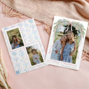 Preppy Grandmillennial Christmas Bow Swag Photo Holiday Card