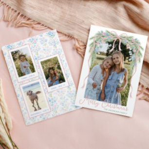 Preppy Grandmillennial Christmas Bow Swag Photo Holiday Card