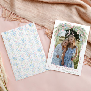 Preppy Grandmillennial Christmas Bow Swag Photo Holiday Card