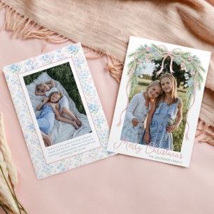 Preppy Grandmillennial Christmas Bow Swag Photo Holiday Card