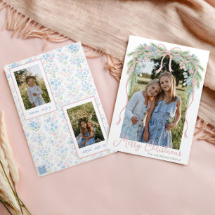 Preppy Grandmillennial Christmas Bow Swag Photo Holiday Card
