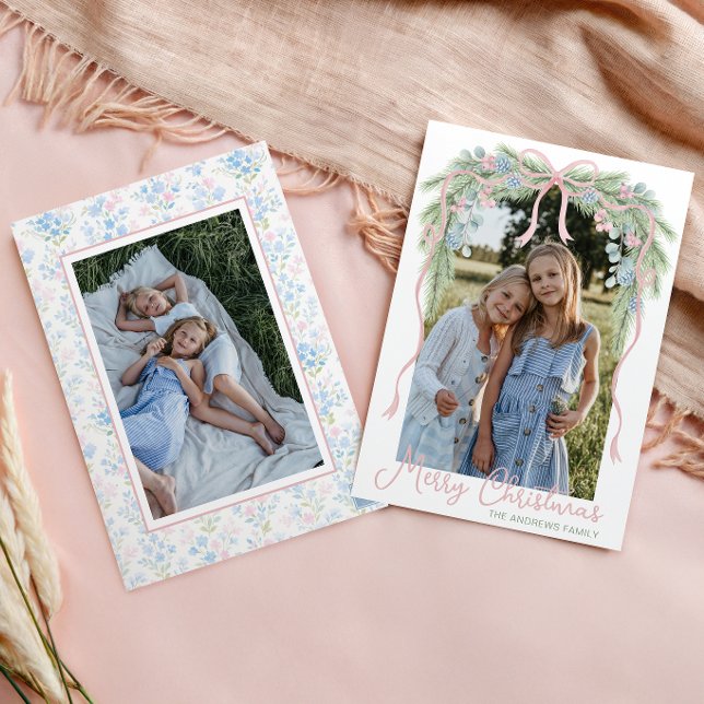 Preppy Grandmillennial Christmas Bow Swag Photo Holiday Card (Creator Uploaded)