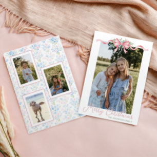 Preppy Grandmillennial Christmas Bow Swag Photo Holiday Card