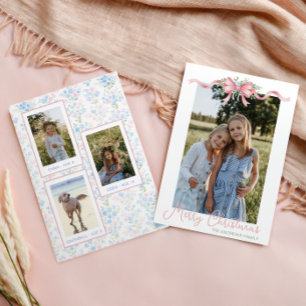 Preppy Grandmillennial Christmas Bow Swag Photo Holiday Card