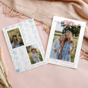 Preppy Grandmillennial Christmas Bow Swag Photo Holiday Card