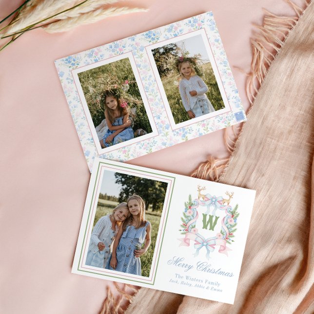 Preppy Grandmillennial Christmas Monogram Crest Holiday Card (Creator Uploaded)