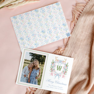 Preppy Grandmillennial Christmas Monogram Crest Holiday Card