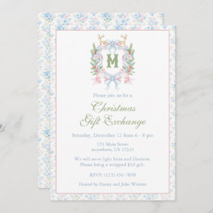 Preppy Grandmillennial Christmas Monogram Crest Invitation