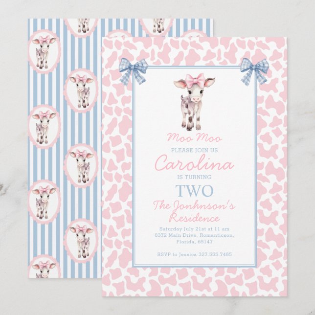 Preppy Grandmillennial Cute Cow Moo Moo Birthday Invitation (Front/Back)