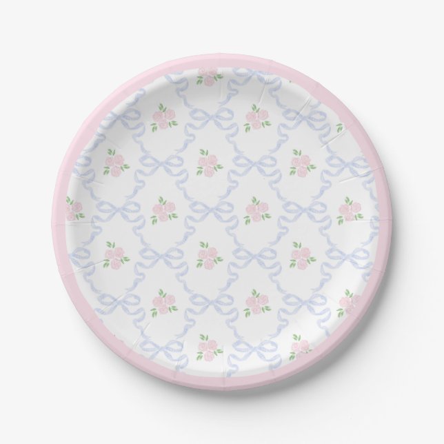 Preppy Grandmillennial Dolly and Me Pink Bows Paper Plate (Front)