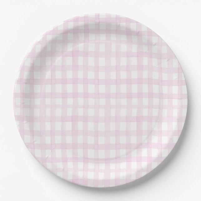 Preppy Grandmillennial Dolly and Me Pink Gingham Paper Plate (Front)
