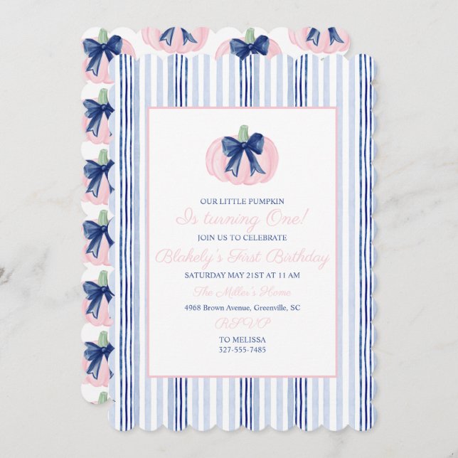 Preppy Grandmillennial Navy Our Little Pumpkin  Invitation (Front/Back)