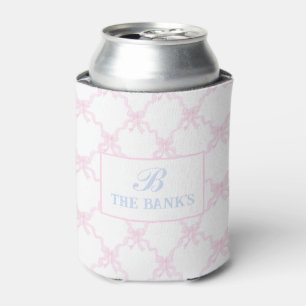 Preppy Grandmillennial Pink bow trellis Monogram Can Cooler