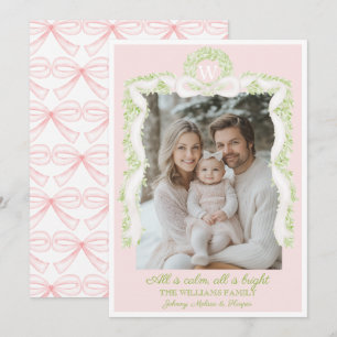 Preppy Grandmillennial Pink Bows Ribbon Garland  Holiday Card