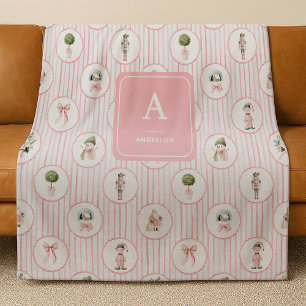 Preppy Grandmillennial Pink Nutcracker Christmas Fleece Blanket